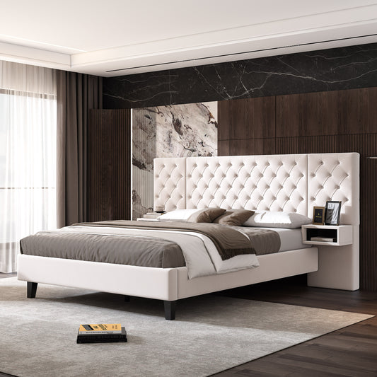 Cream upholstered bed with tufted headboard and dark wood legs
