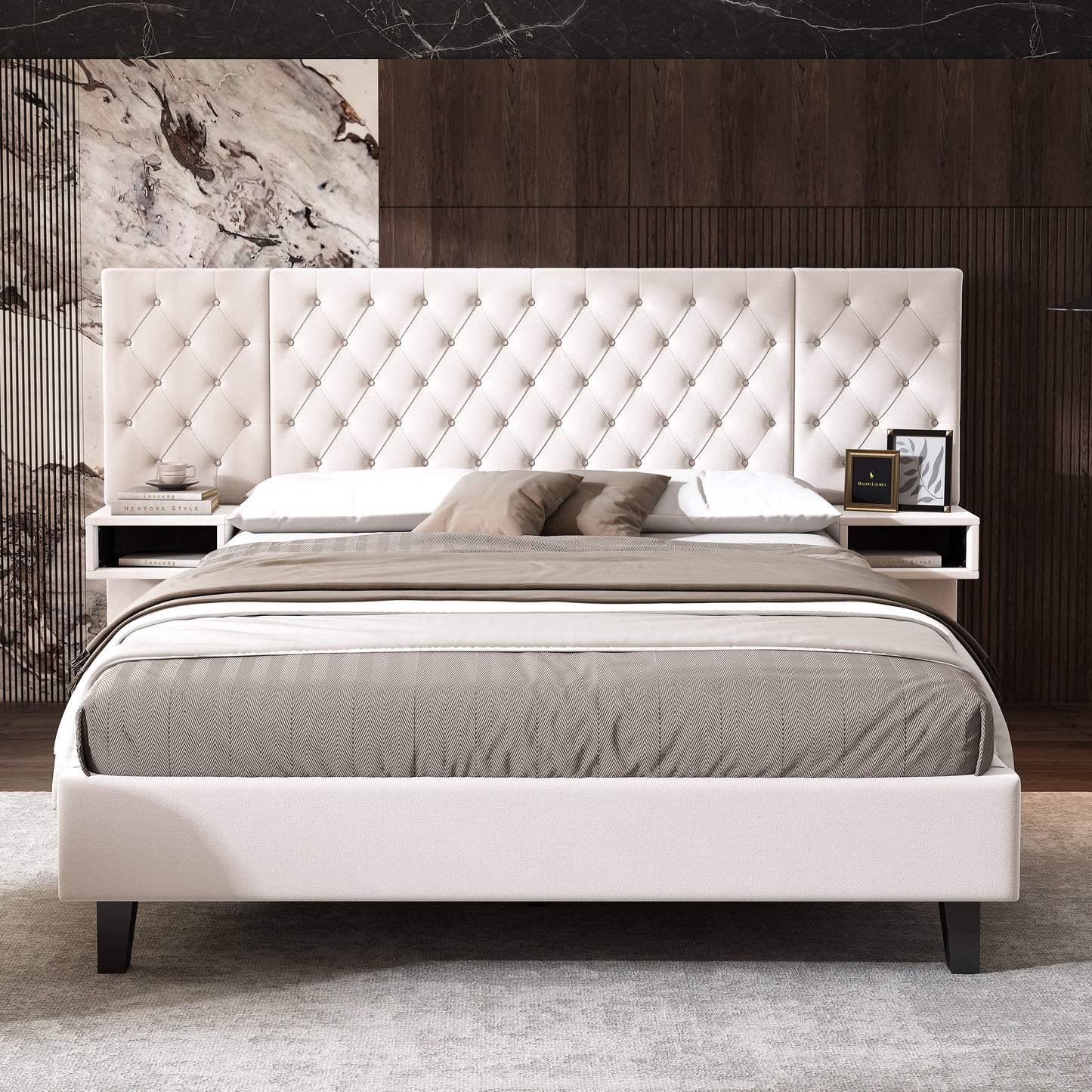 Tufted ivory velvet king bed with diamond pattern and dark wood legs