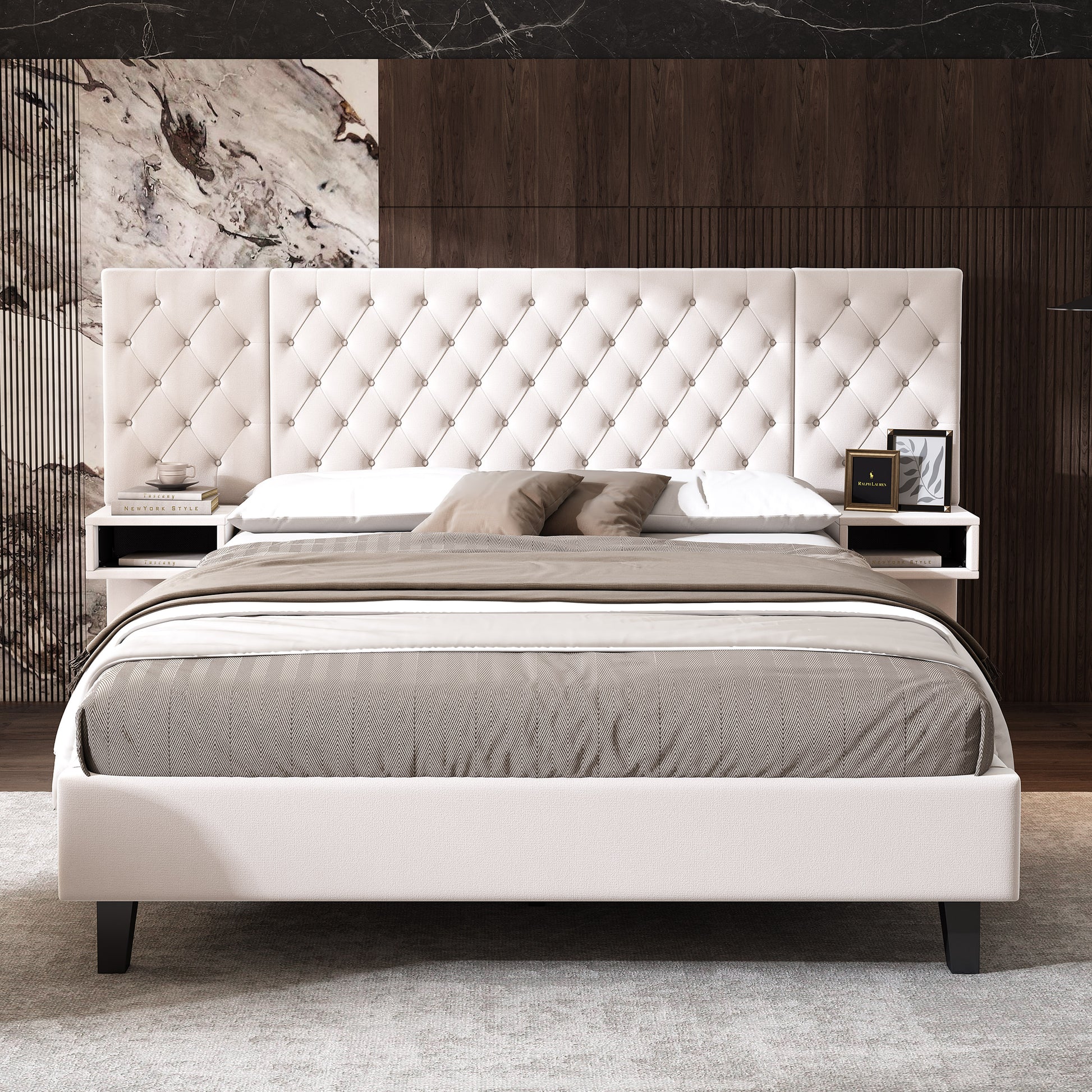 Tufted ivory velvet king bed with diamond pattern and dark wood legs