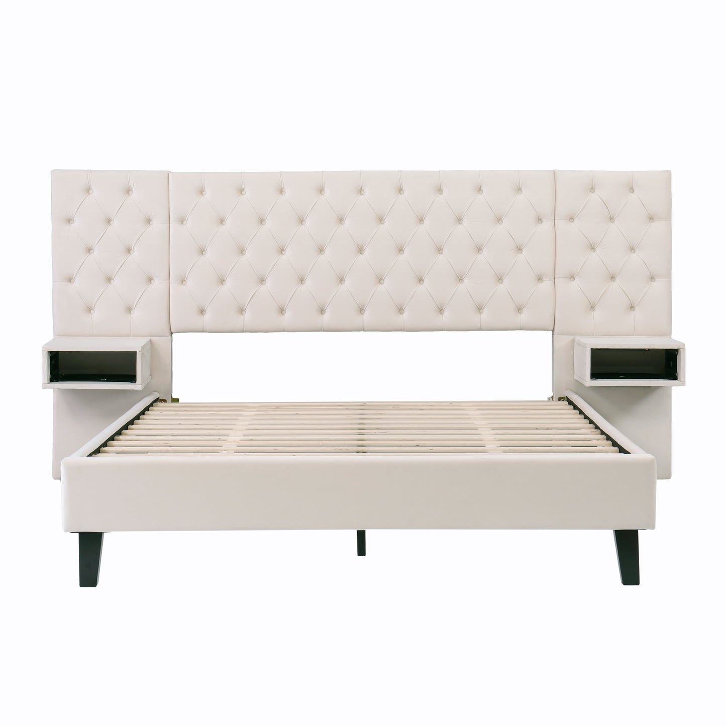 Cream upholstered bed frame with tufted headboard and integrated nightstands