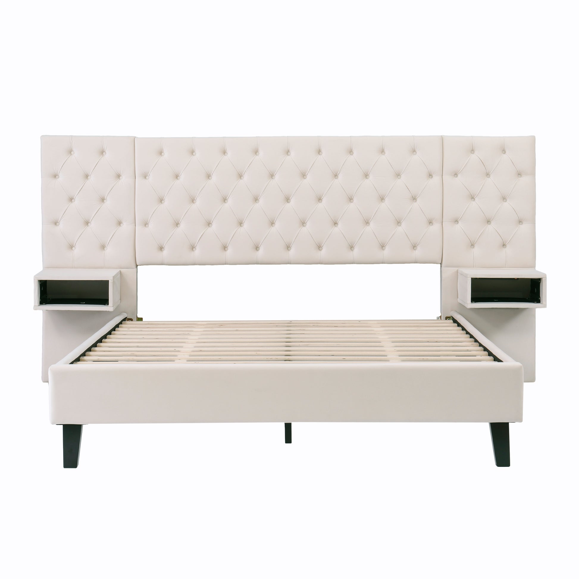 Cream upholstered bed frame with tufted headboard and integrated nightstands