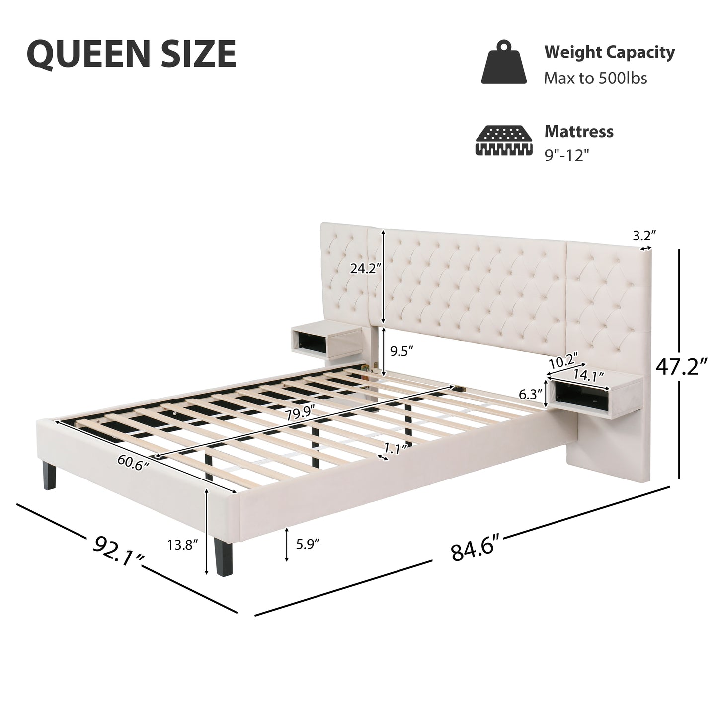Tufted cream upholstered queen size bed frame with builtin nightstands