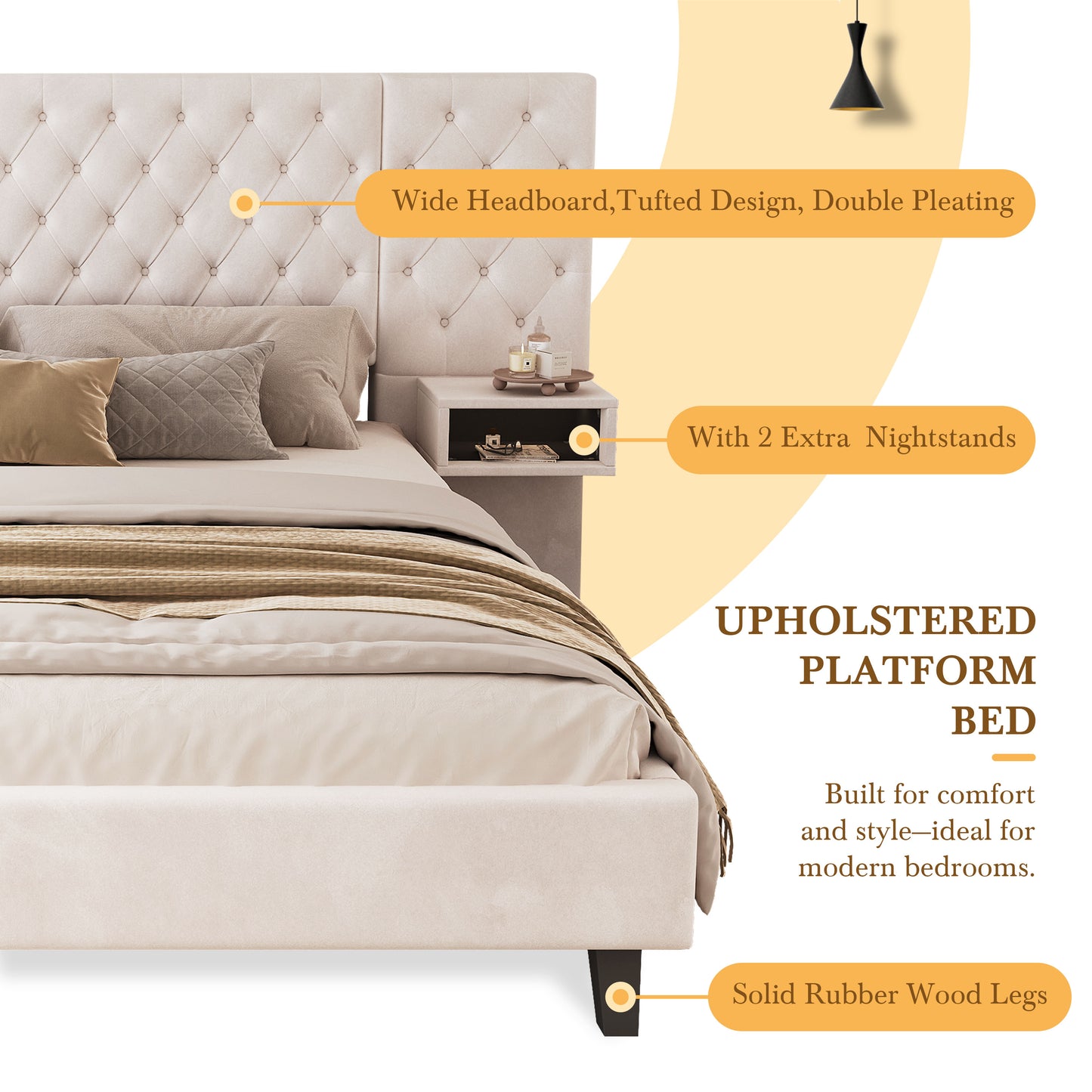 Tufted beige upholstered platform bed with diamond tufting on the headboard