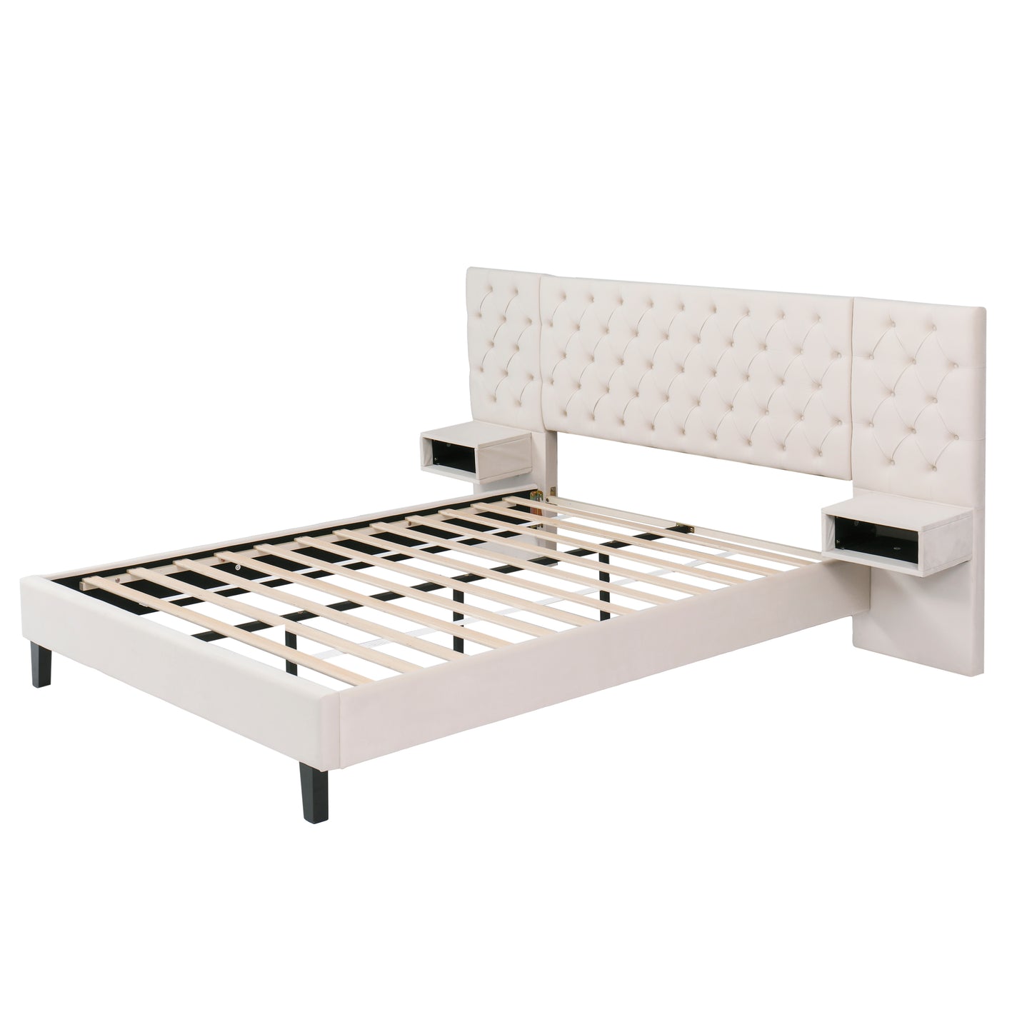 Cream upholstered bed frame with tufted headboard and attached nightstands