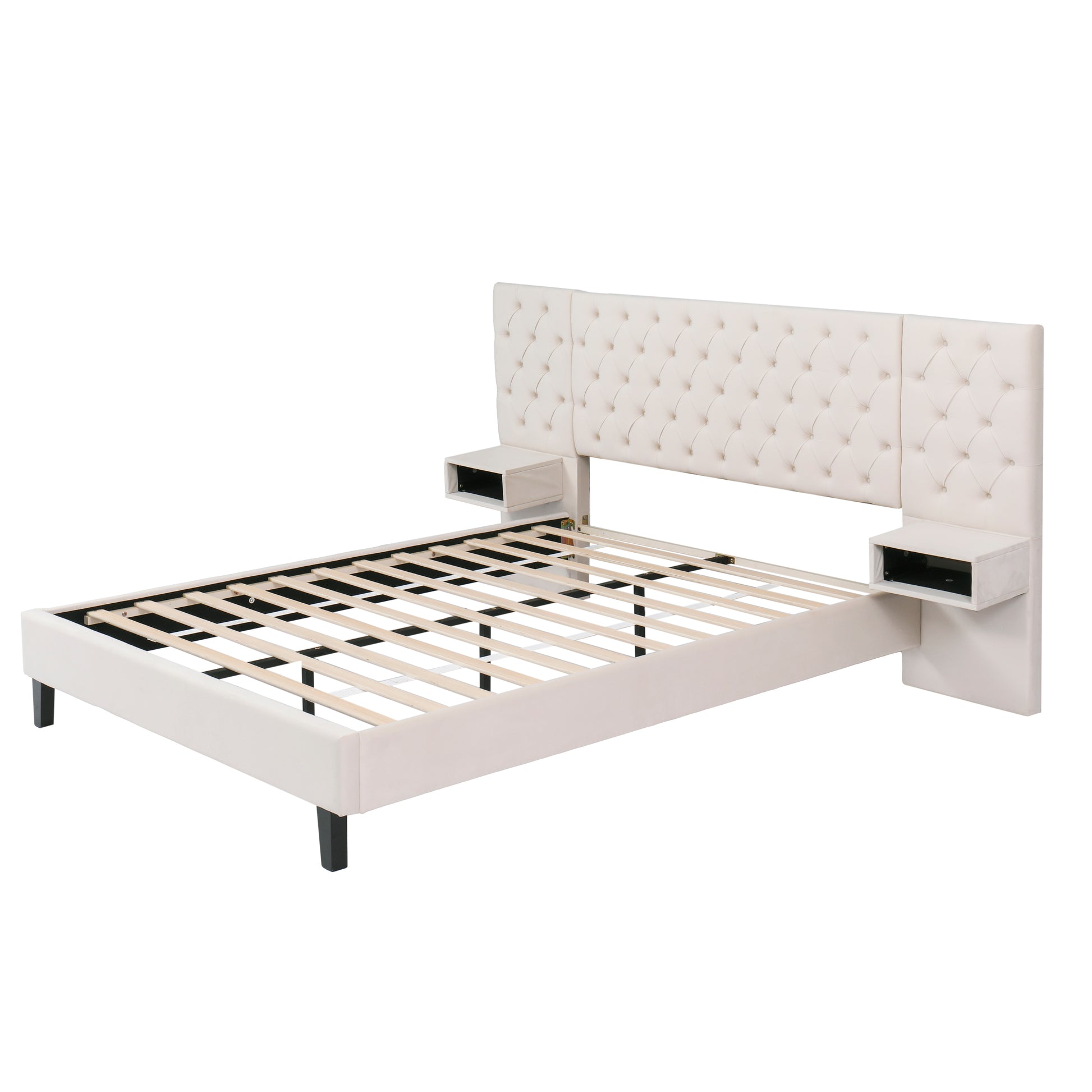 Cream upholstered bed frame with tufted headboard and attached nightstands
