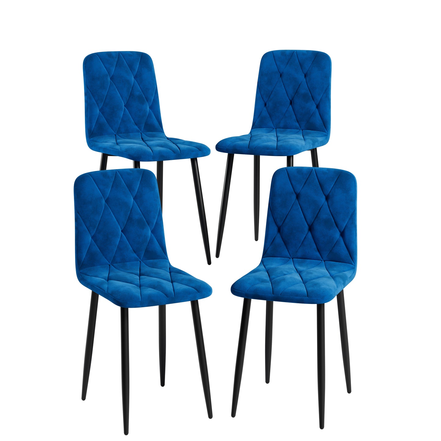 Set of four royal blue velvet dining chairs with diamond tufting