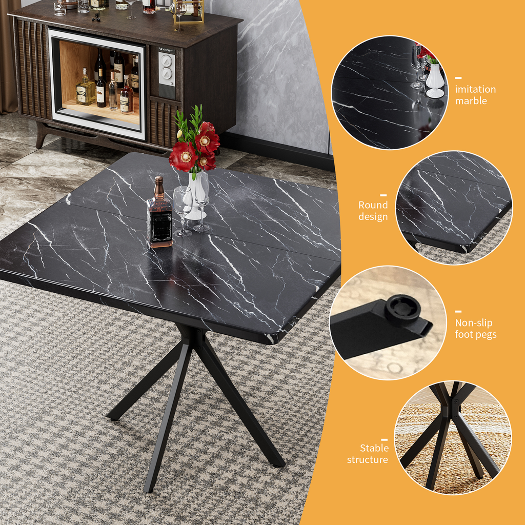Square black marble dining table with modern black metal legs