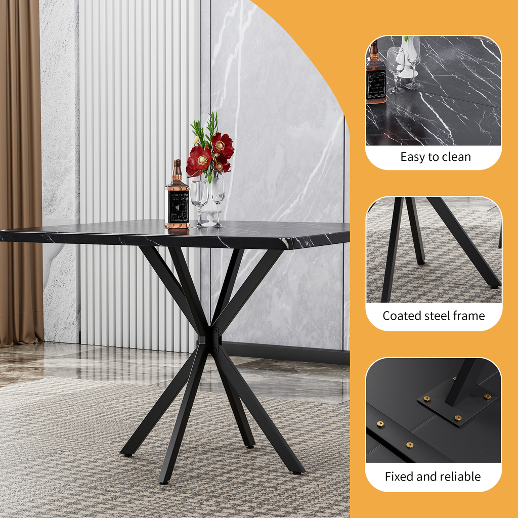 Black marble top dining table with modern Xleg base