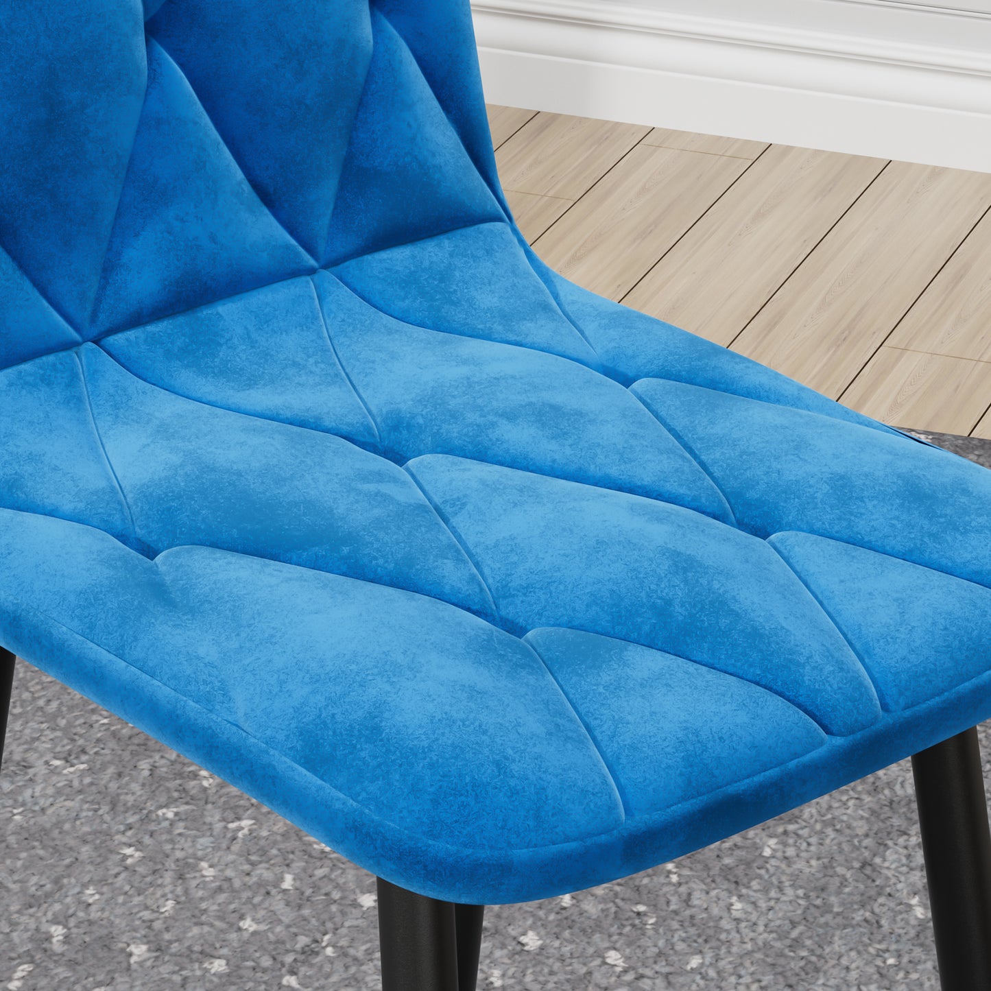 Deep blue velvet dining chair with diamond tufting and black metal legs