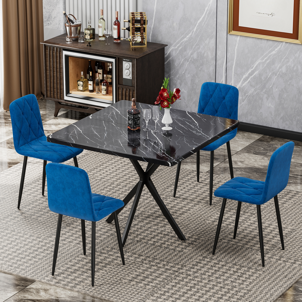 Square marble dining table with four blue upholstered chairs