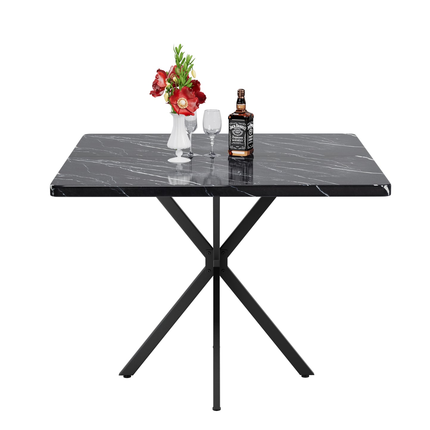 Black marble square dining table with geometric black metal legs