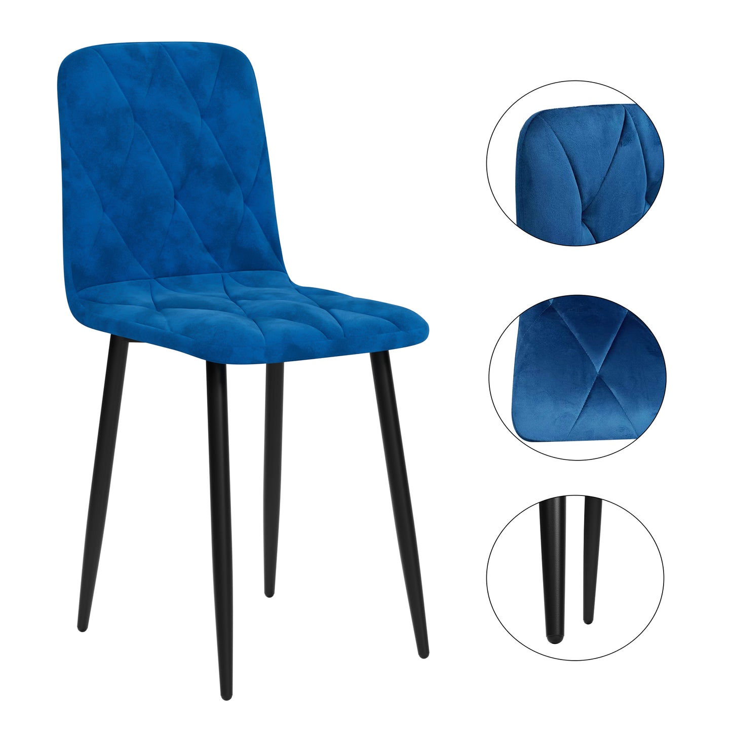 Royal blue velvet dining chair with diamond tufting and black metal legs