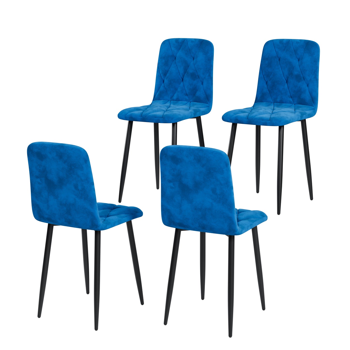 Four royal blue velvet dining chairs with diamond tufting and black metal legs
