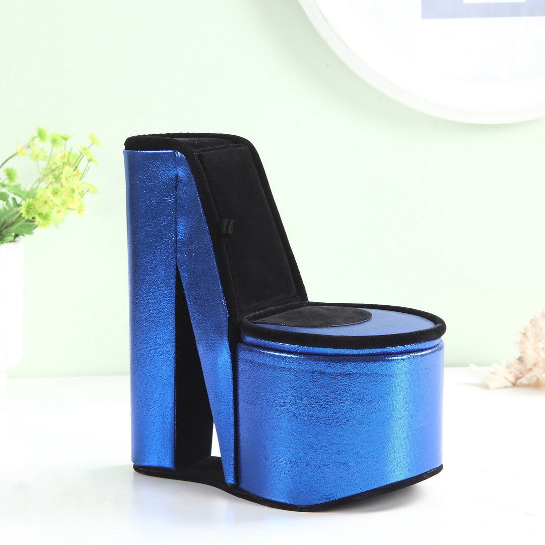 Blue stiletto heel jewelry box with black interior