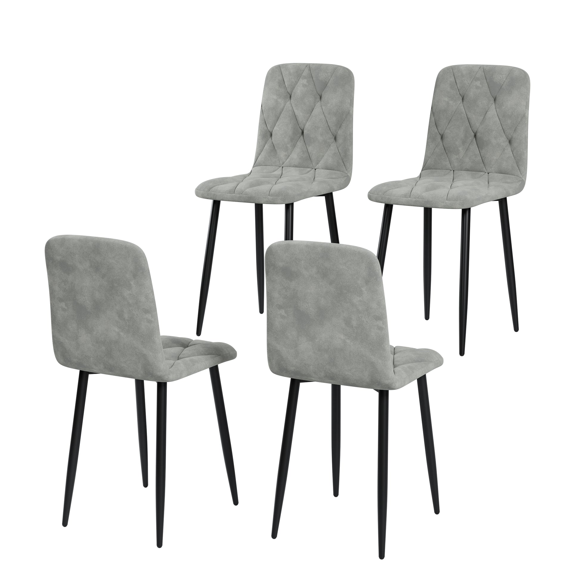 Four grey tufted dining chairs with black metal legs