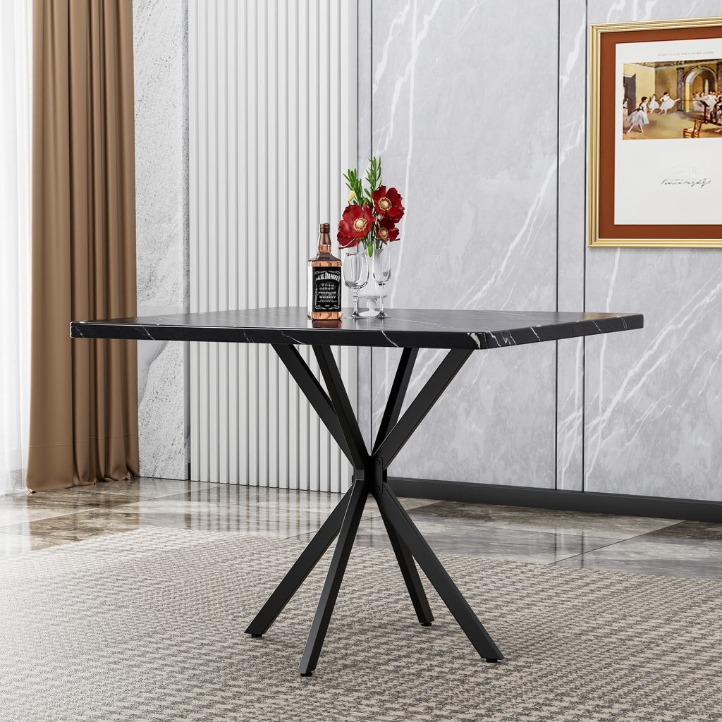 Black marble square dining table with black metal pedestal base