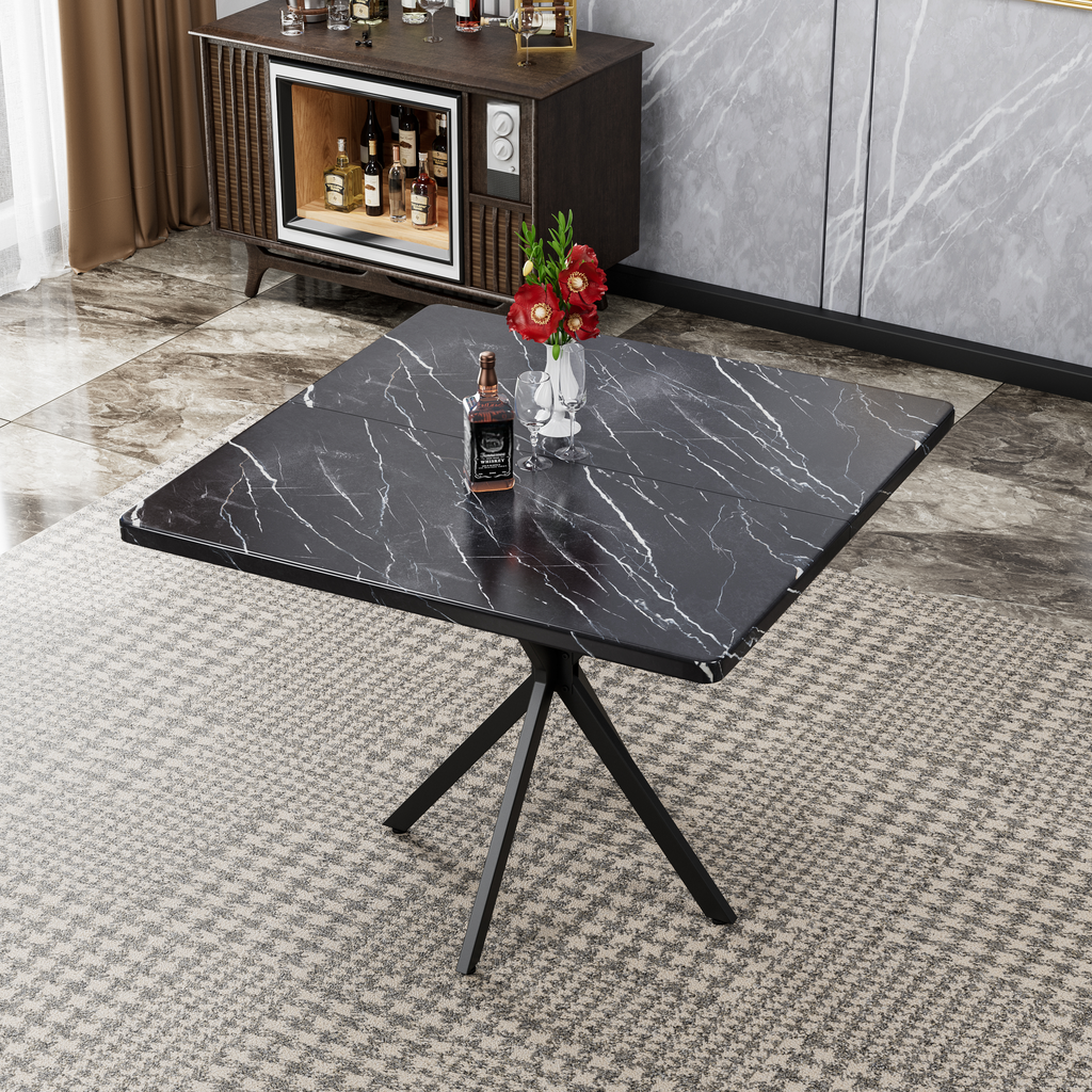 Square black marble dining table with white veining and metal tripod base