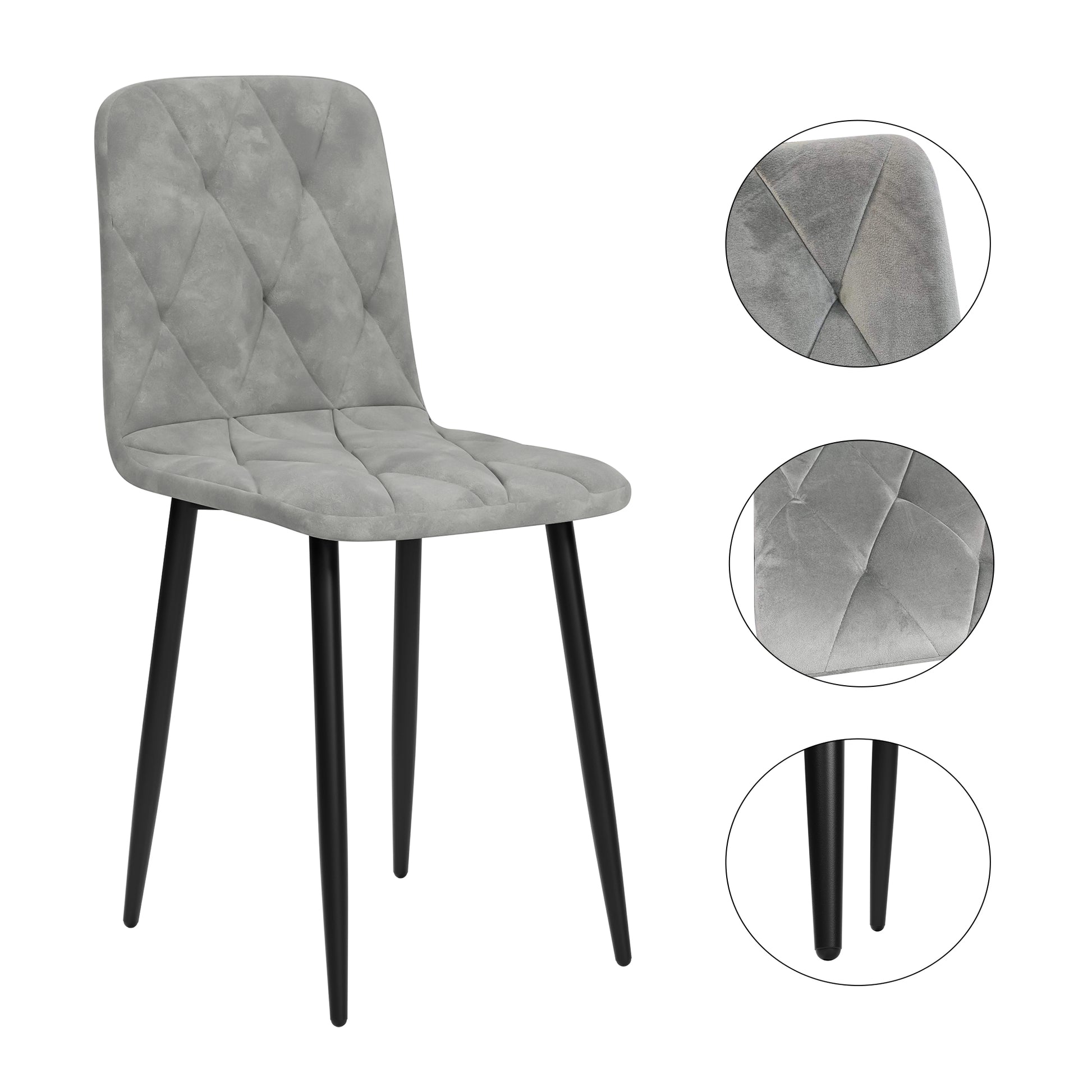 Gray velvet dining chair with diamond tufting and black metal legs