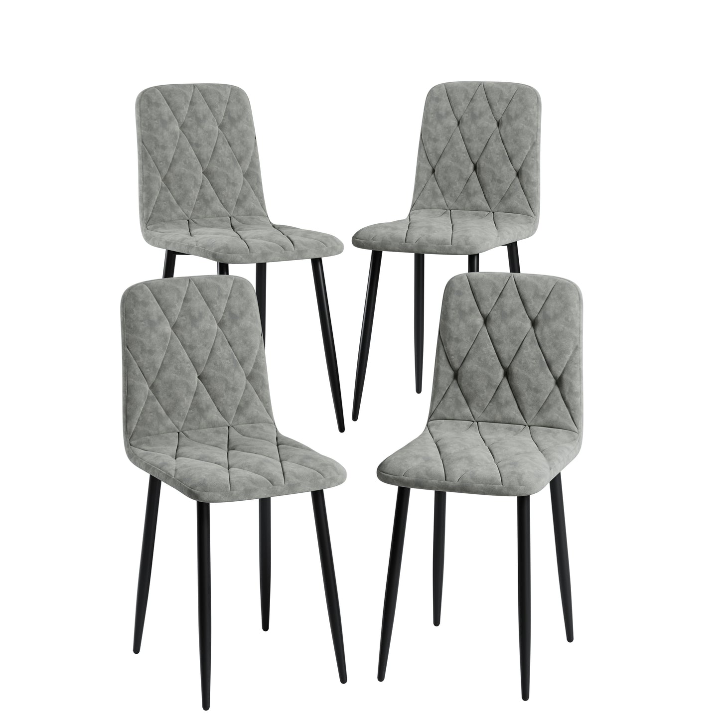 Four grey upholstered dining chairs with diamond tufting and black metal legs