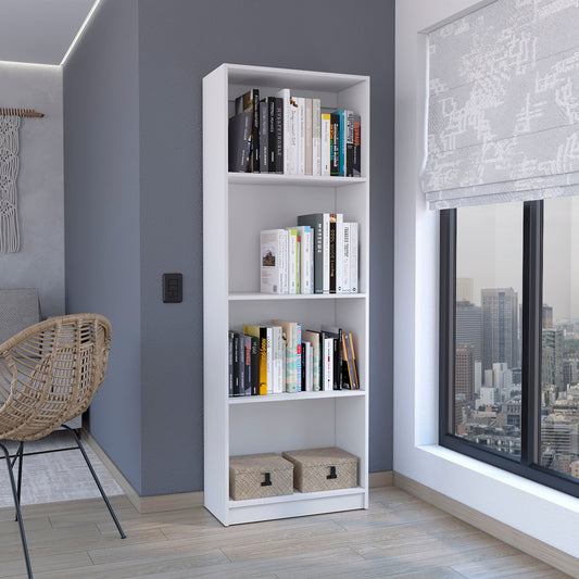 Modern white bookshelf with books and storage baskets