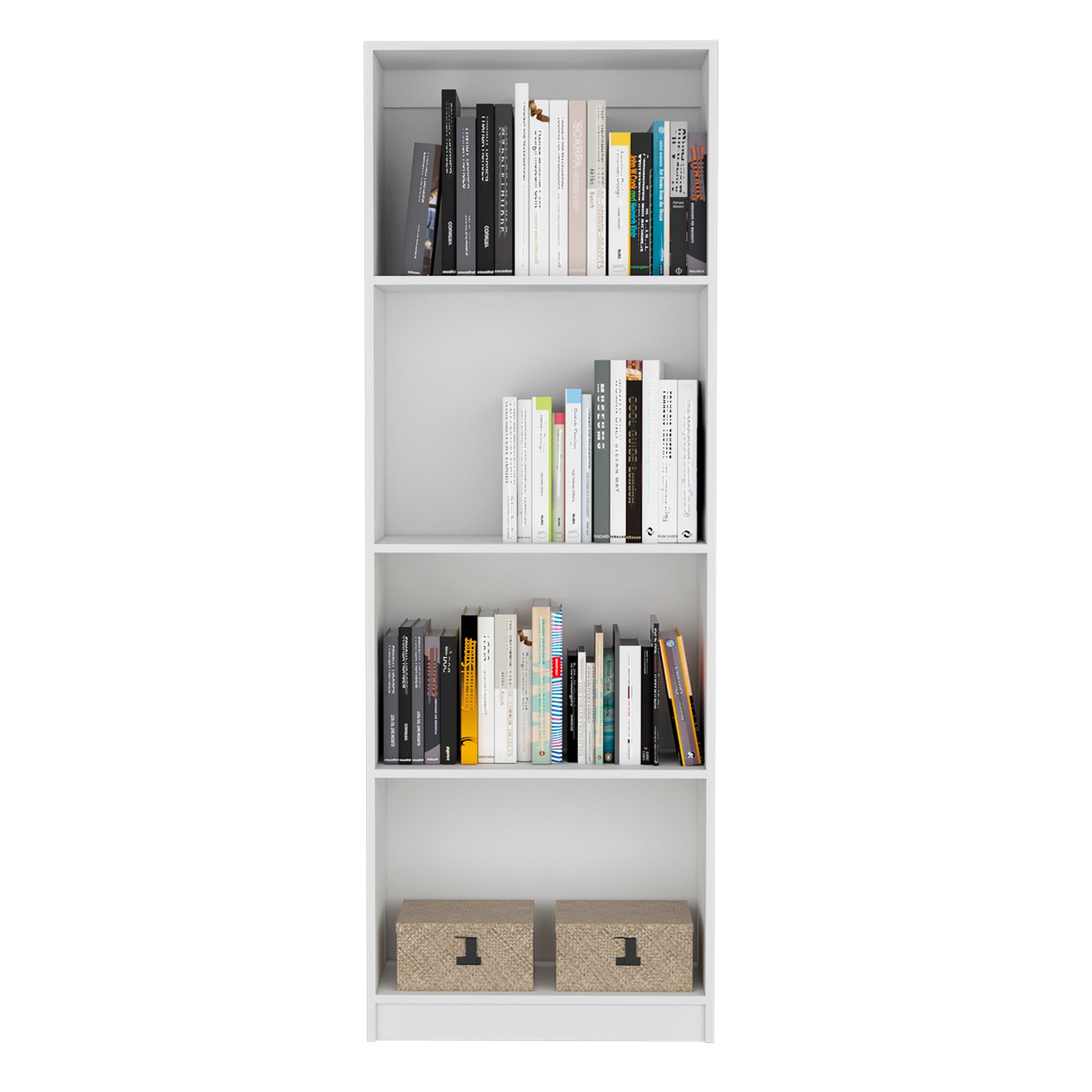 White modern bookshelf filled with various books on four shelves