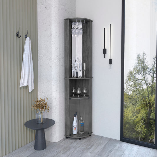 Gray corner bar cabinet with glass holders and mirrored back