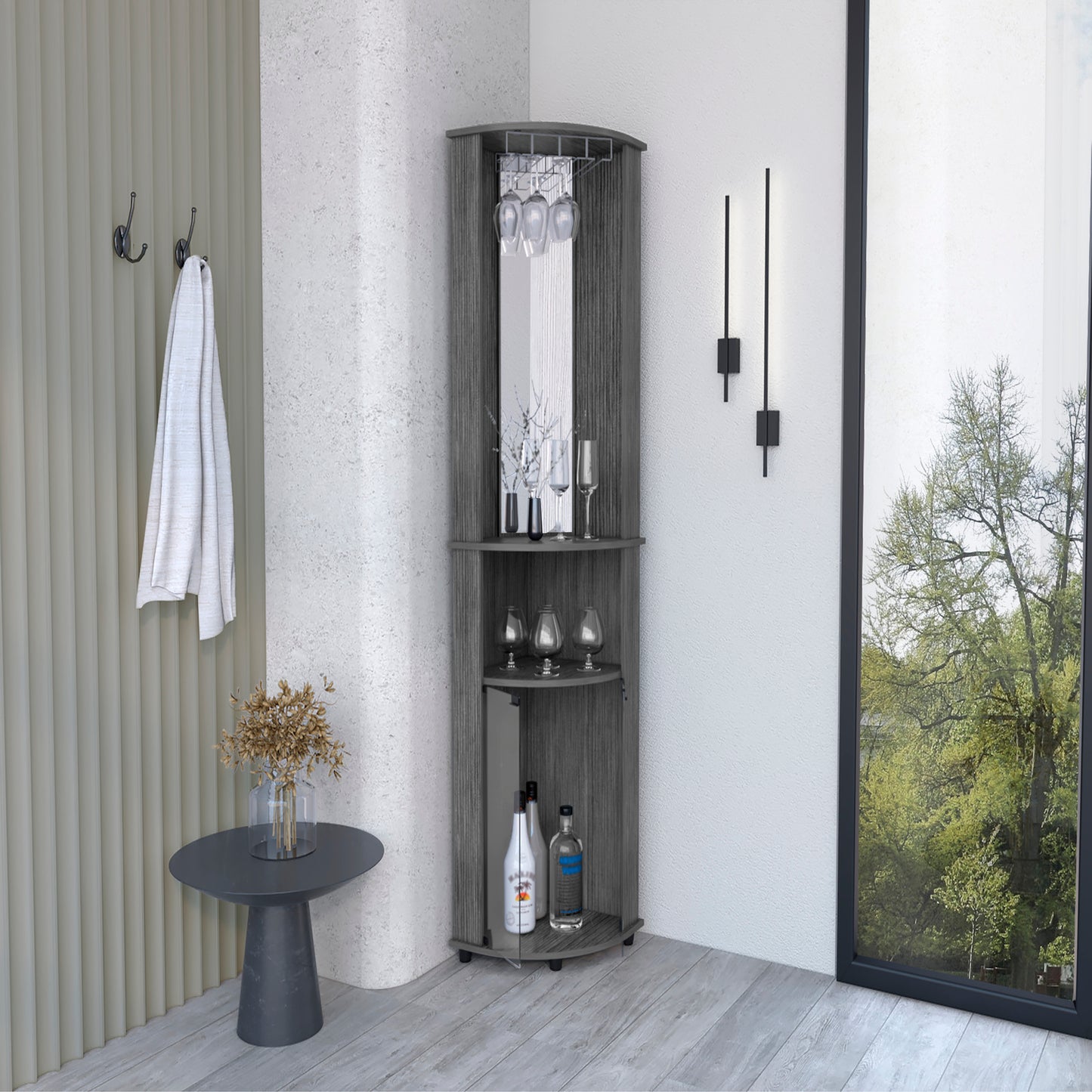Gray corner bar cabinet with mirrored back and hanging glass rack