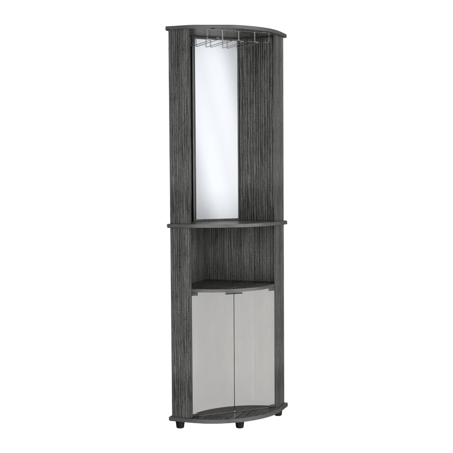 Dark grey corner bar cabinet with mirror and glass doors