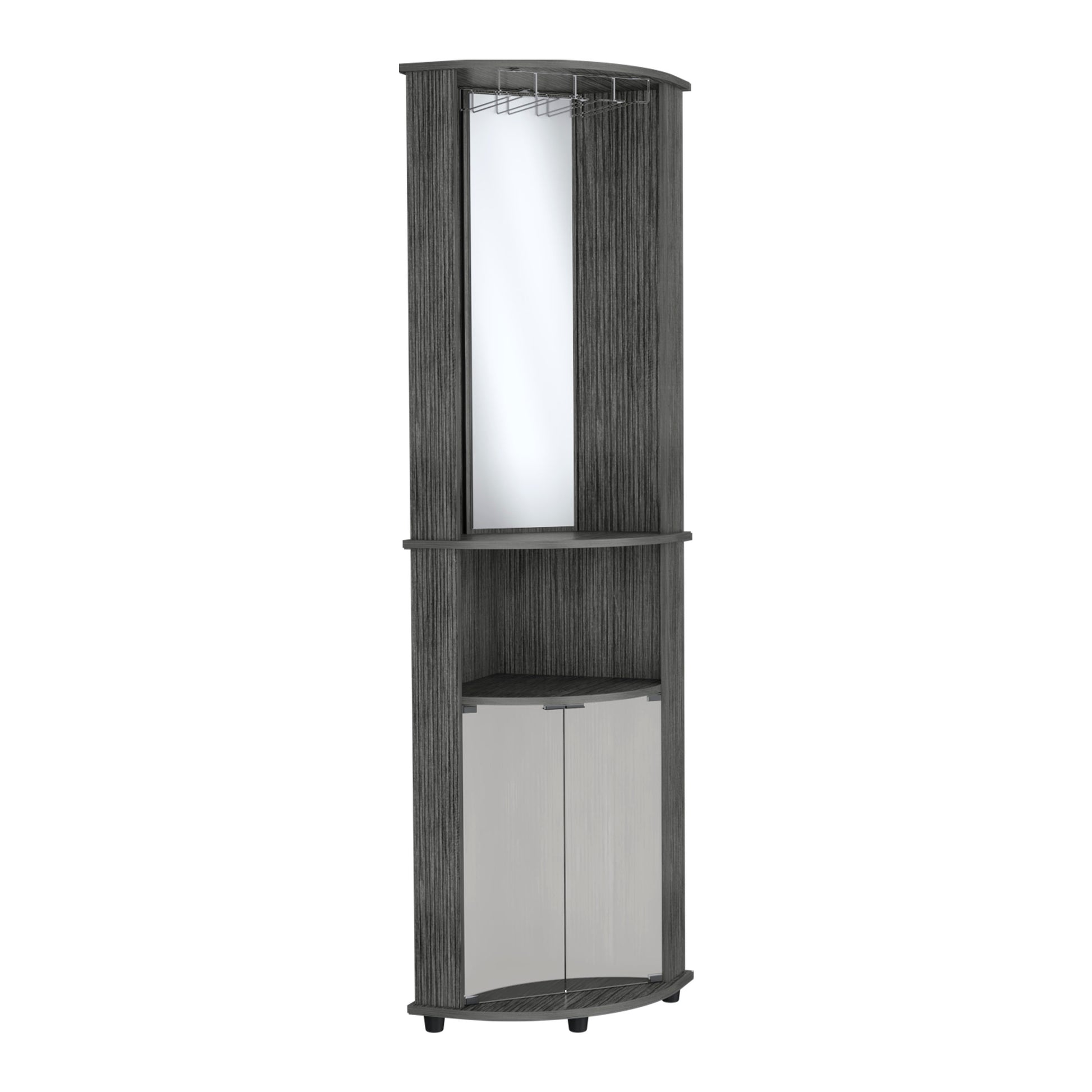 Dark grey corner bar cabinet with mirror and glass doors