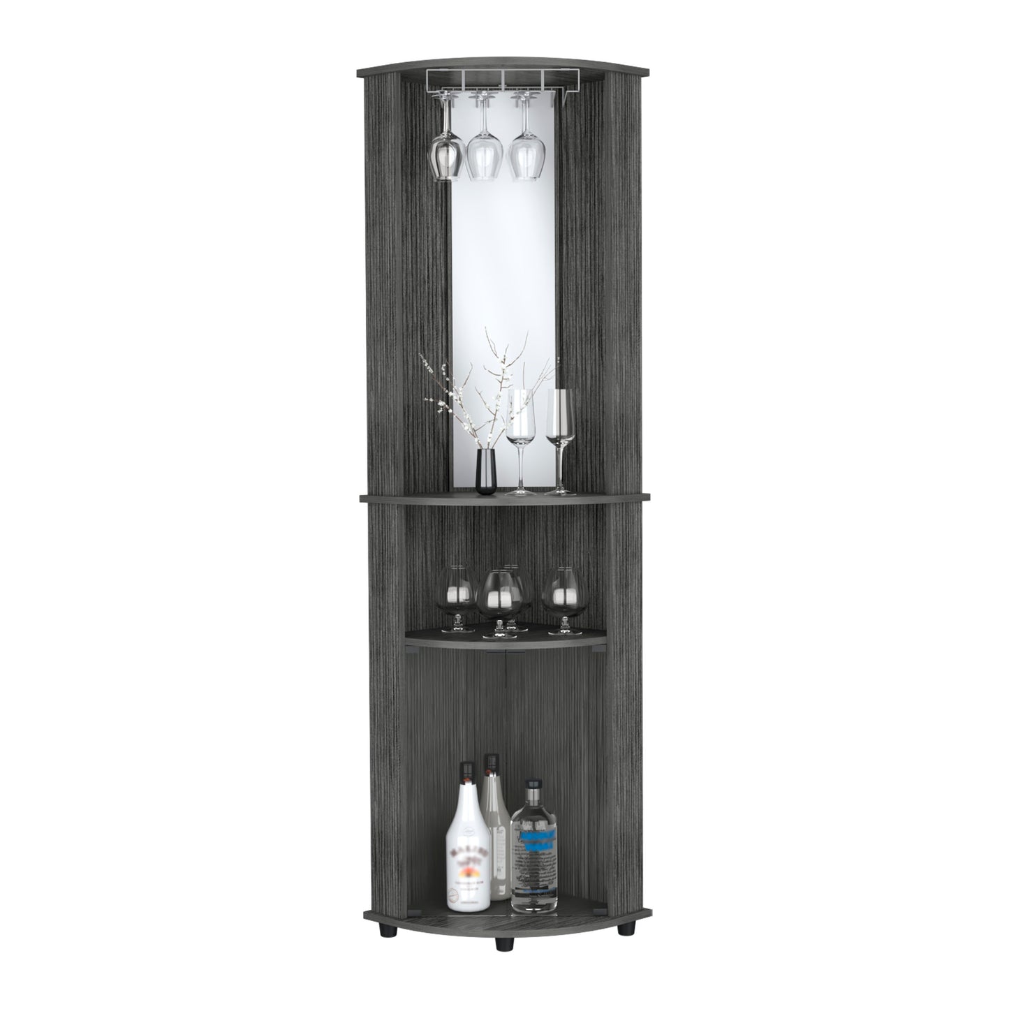 Dark wood corner bar cabinet with glass rack and mirror