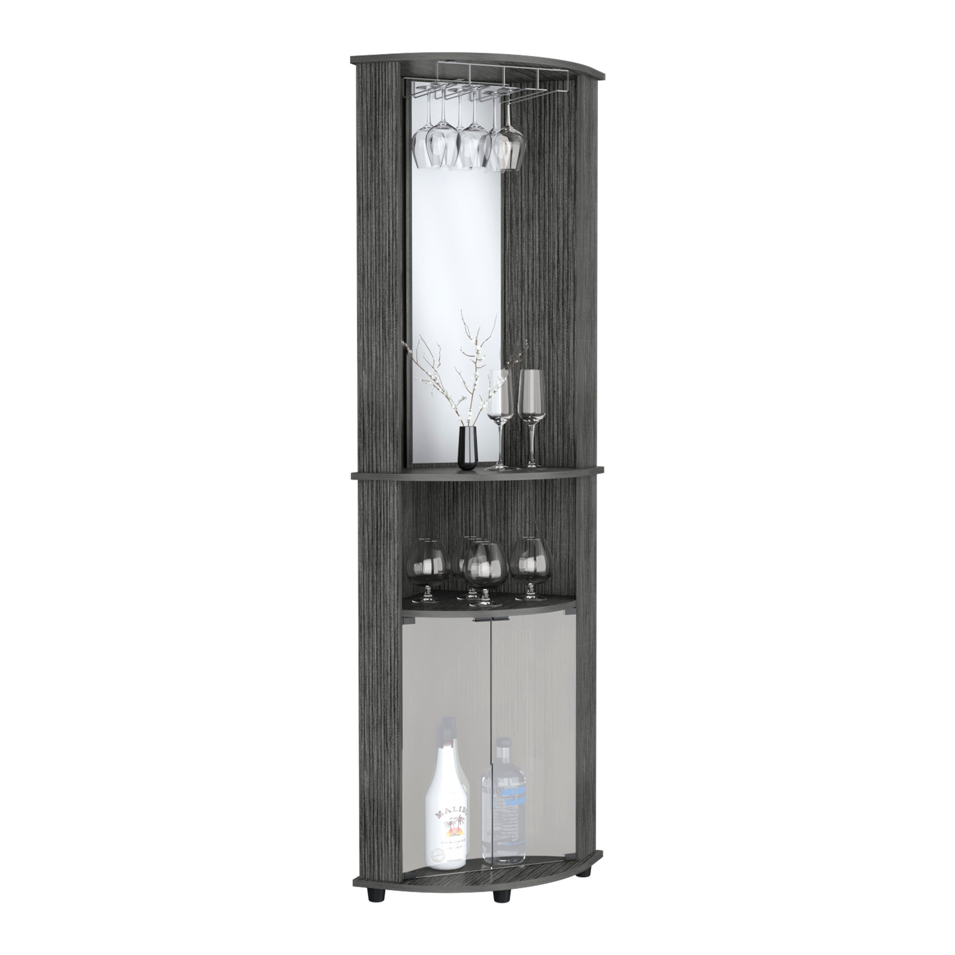 Dark wood corner bar cabinet with glass rack and mirror