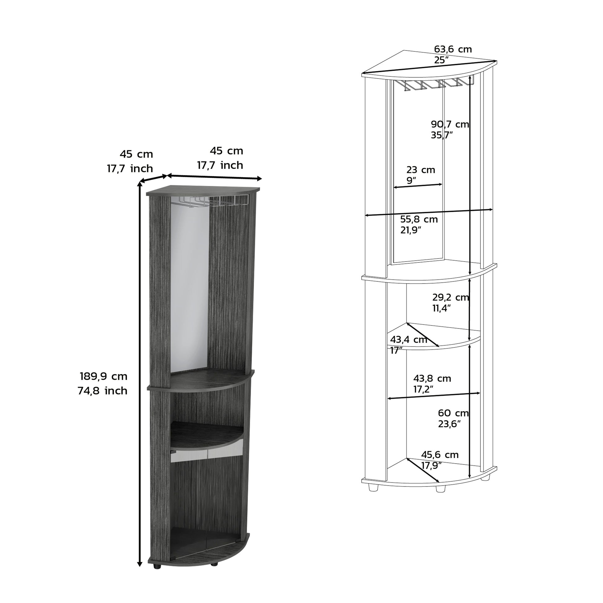 Compact dark grey corner wardrobe with mirrored door and hanging rail