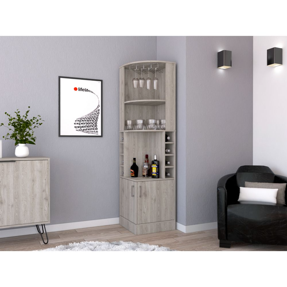Grey corner bar cabinet with glass holders and wine rack