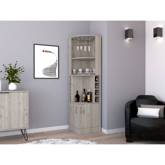 Grey corner bar cabinet with glass holders and wine rack