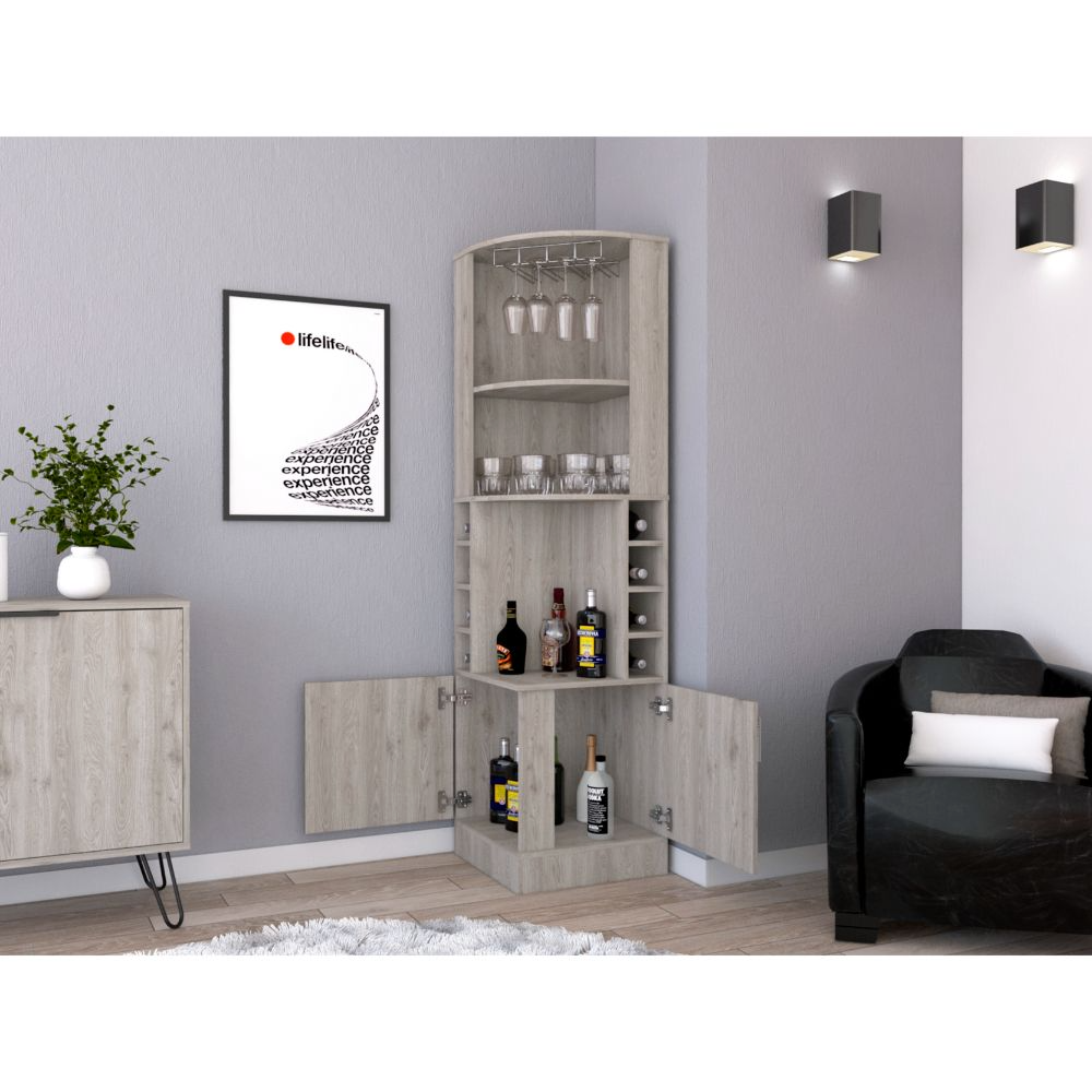 Corner bar cabinet in light wood finish with wine racks and glass holders