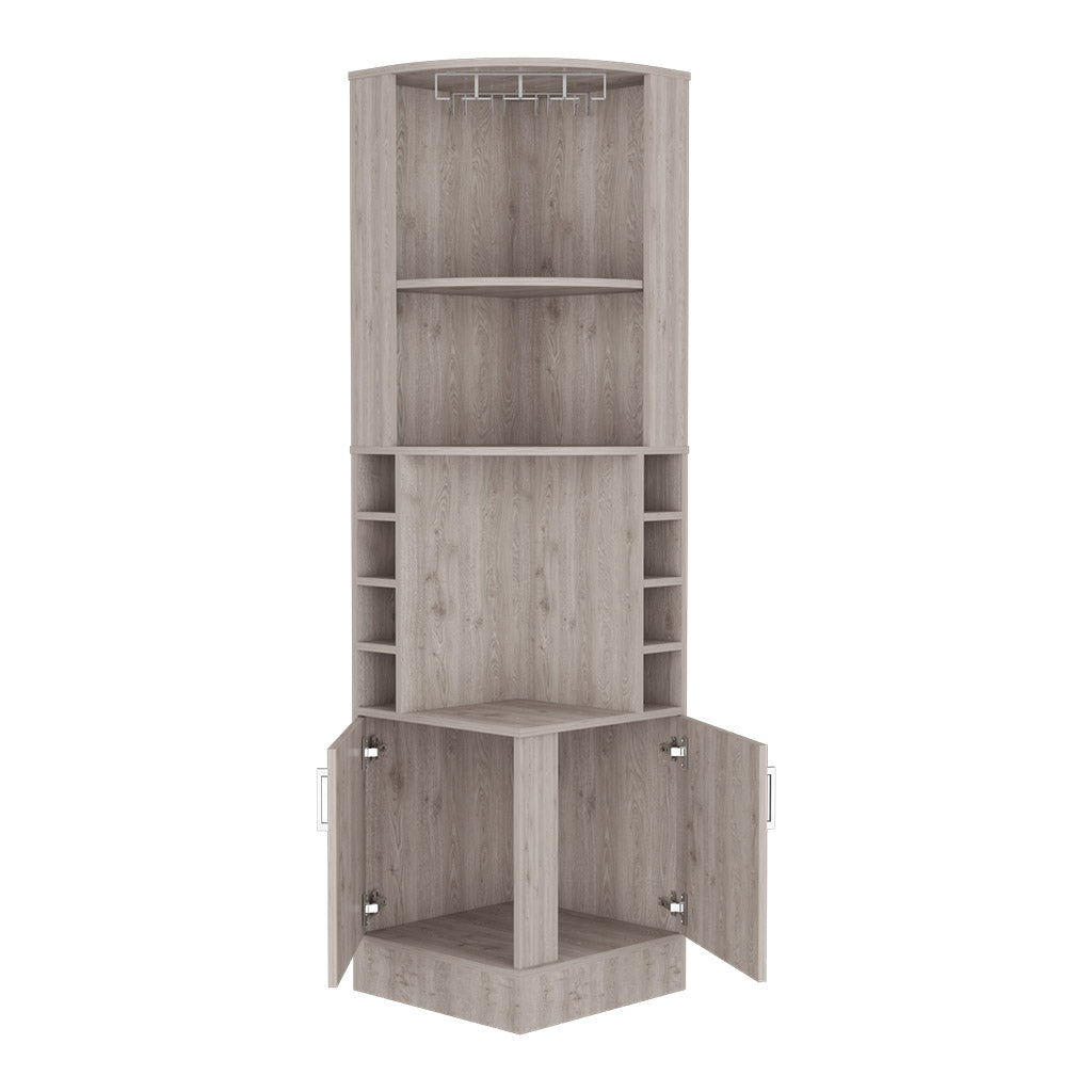 Modern grey wood corner bar cabinet with wine glass rack
