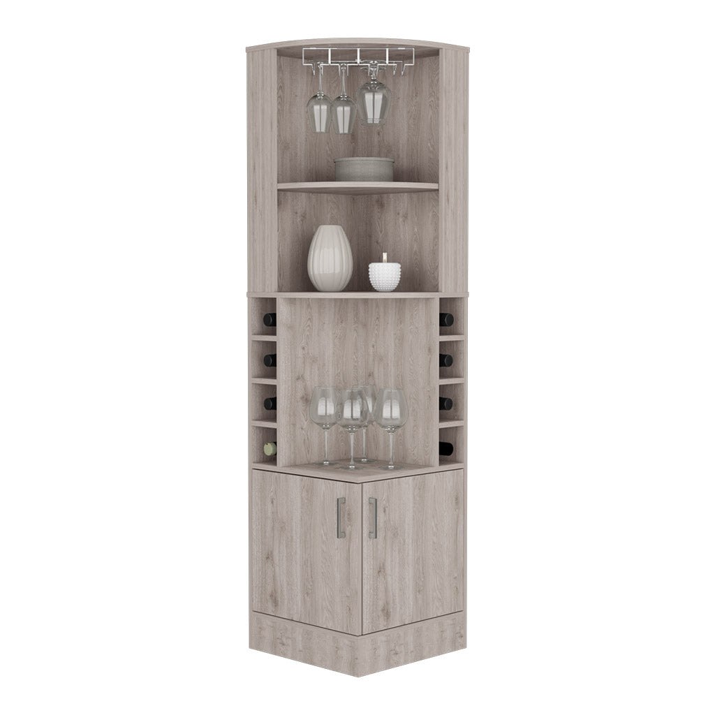 Light oak corner bar cabinet with wine rack and glass holders