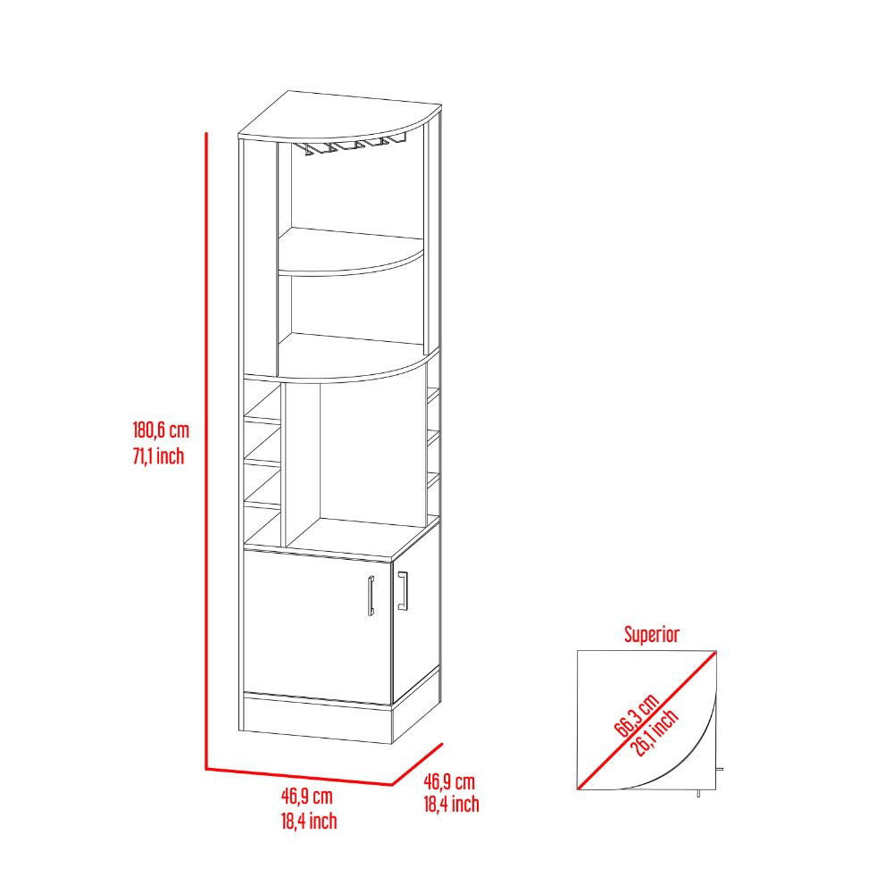 Tall corner bar cabinet with wine rack and curved shelves