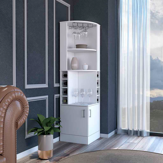 White corner bar cabinet with wine rack and glass storage