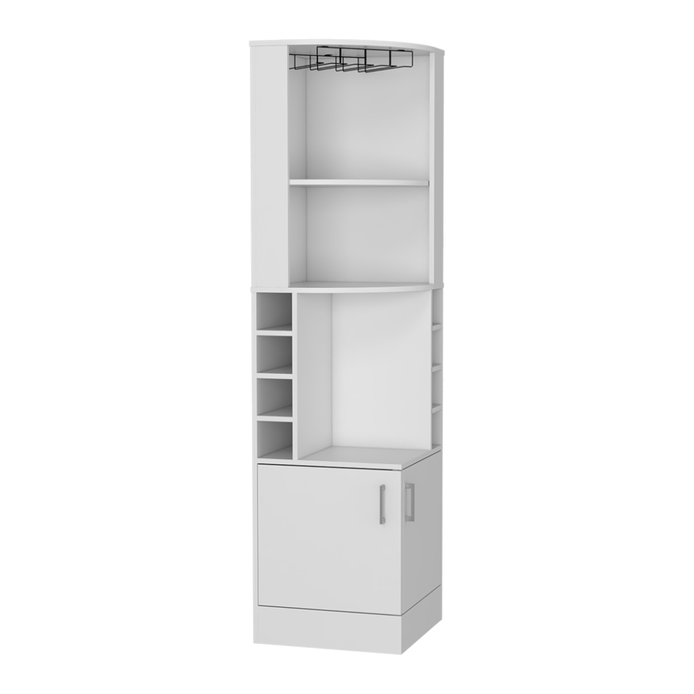 White corner bar cabinet with wine racks and glass holder