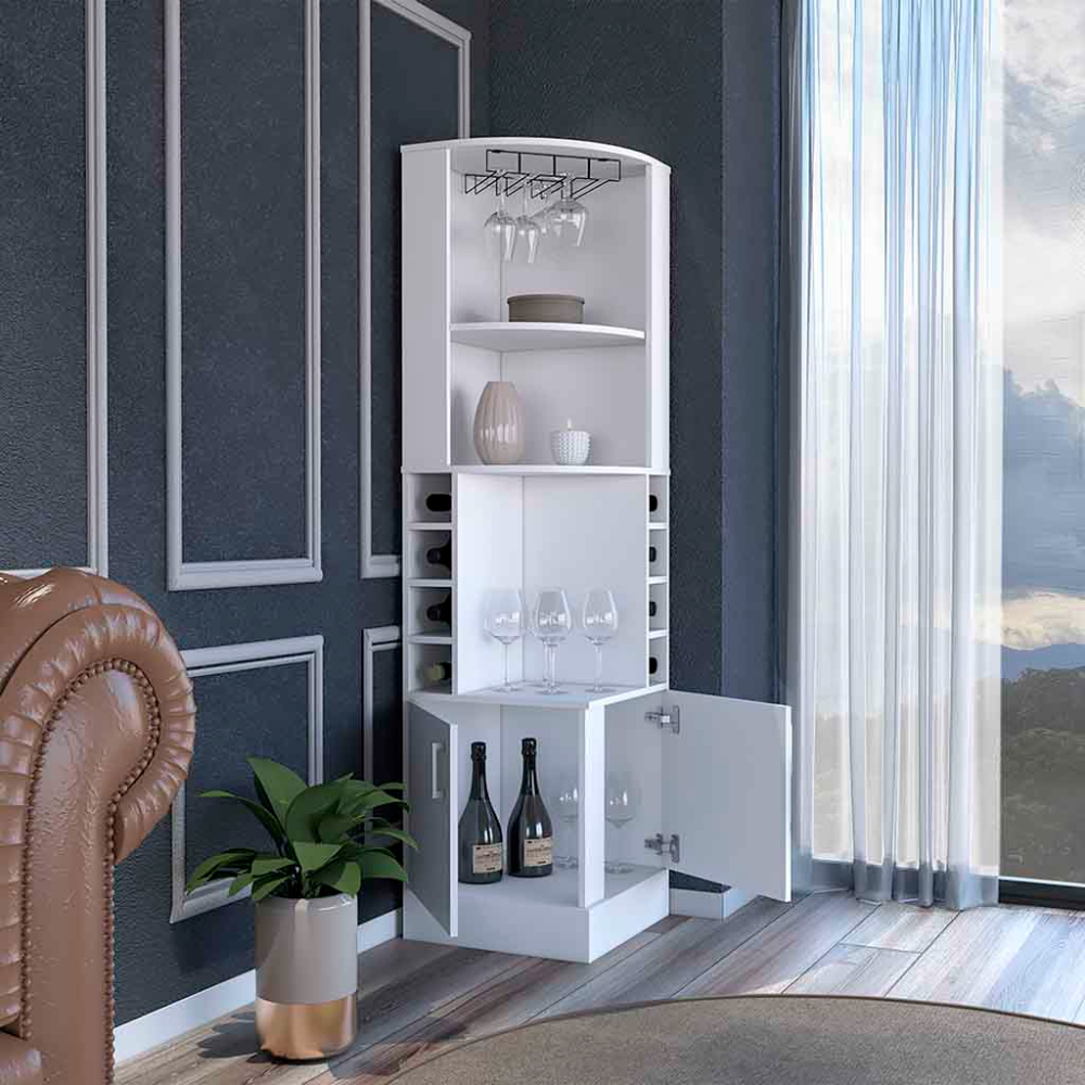 White corner bar cabinet with wine racks and glass holders