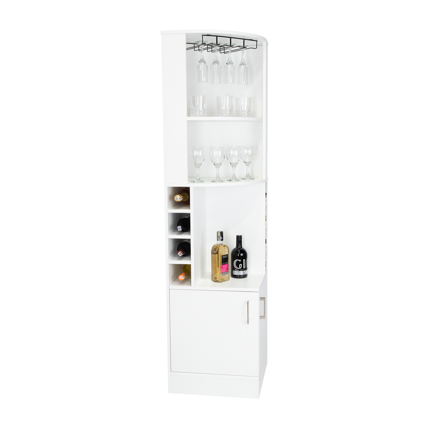 Modern white bar cabinet with wine rack and glass holders