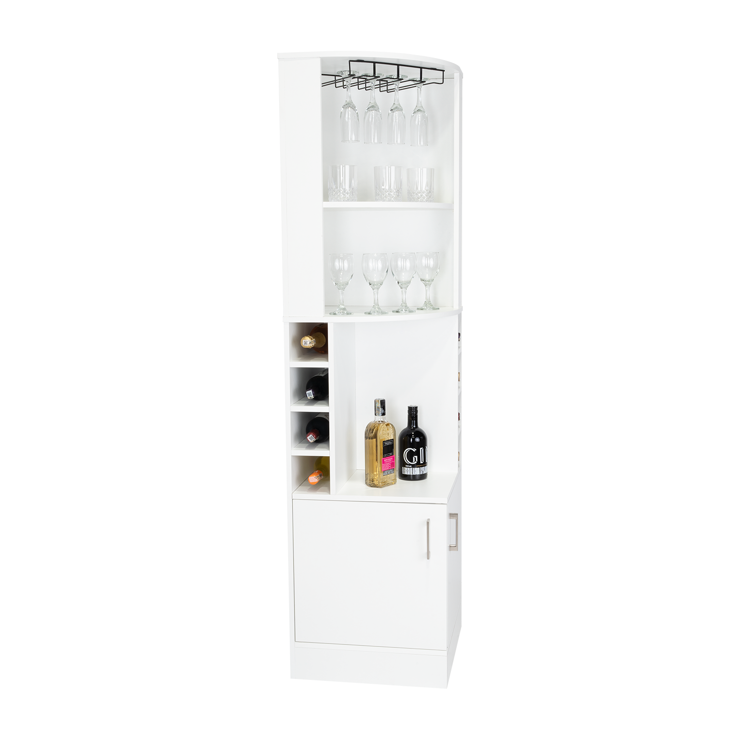 Modern white bar cabinet with wine rack and glass holders