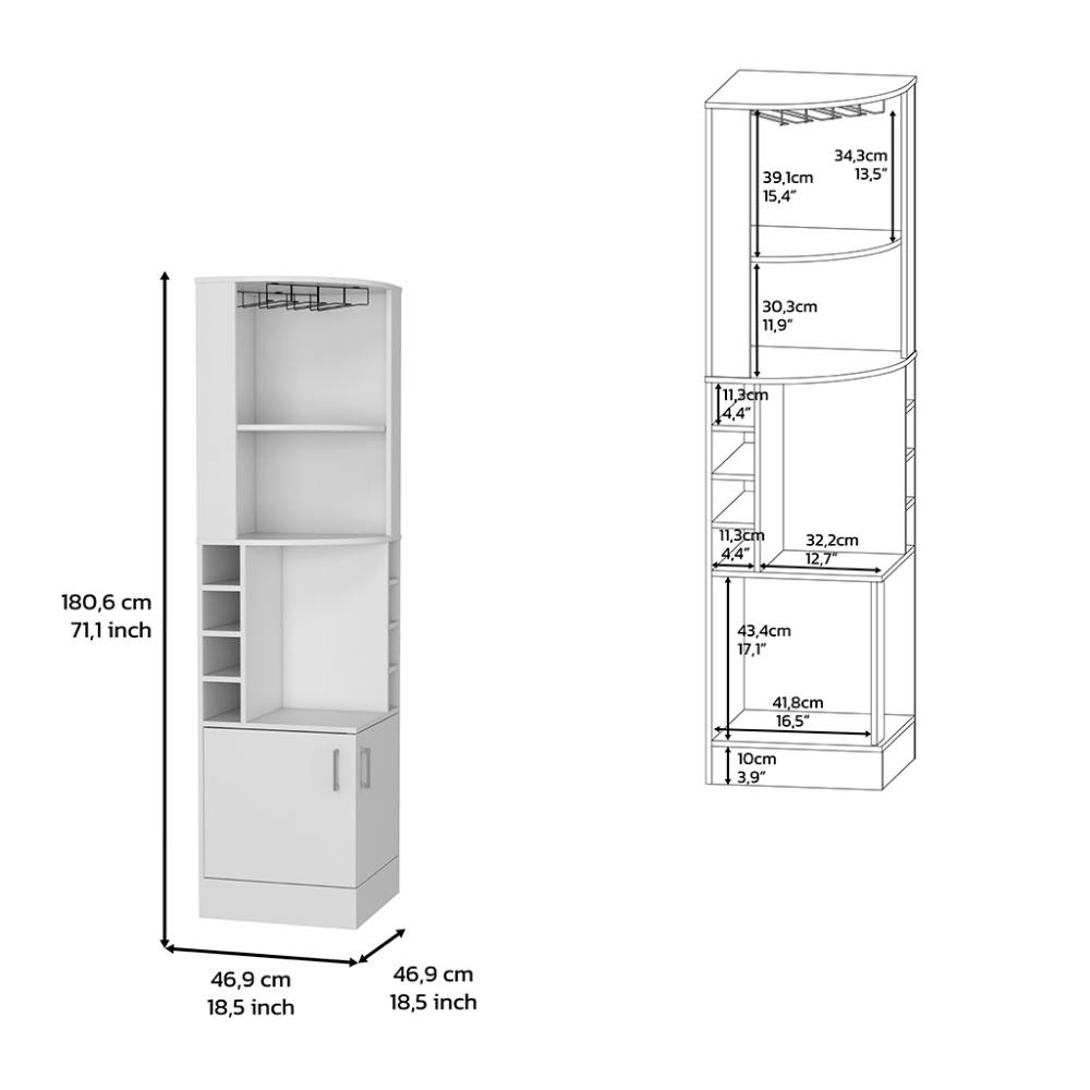 White corner bar cabinet with wine glass rack and shelves