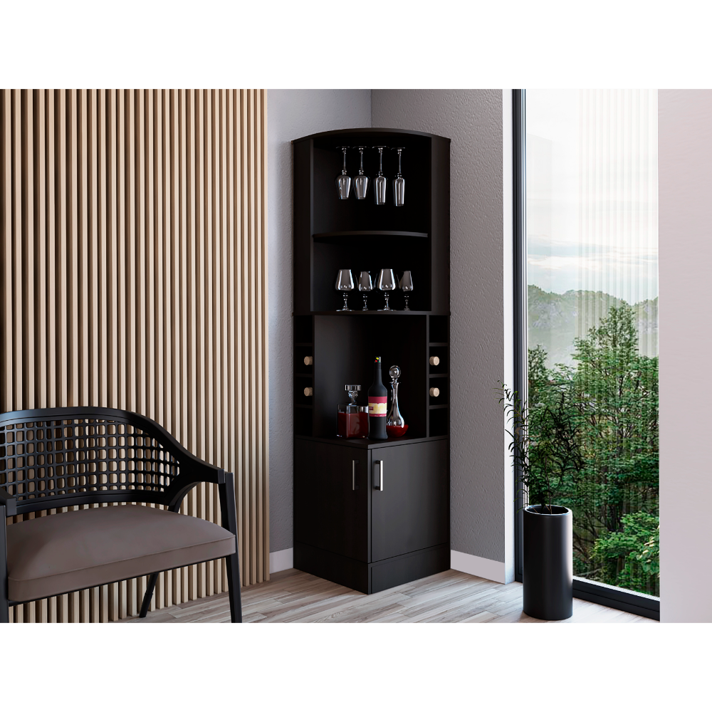 TREATLIFE HOME Corner Bar Cabinet 71" H with Shelves, Glass Holder, and Bottle Racks, Space Efficient Design, Black