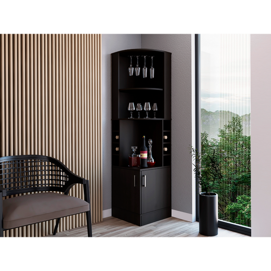TREATLIFE HOME Corner Bar Cabinet 71" H with Shelves, Glass Holder, and Bottle Racks, Space Efficient Design, Black