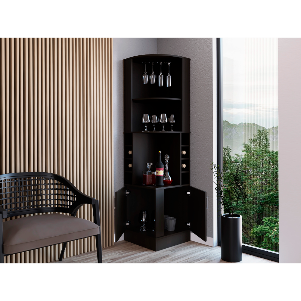 Dark brown corner bar cabinet with wine rack and glassware storage