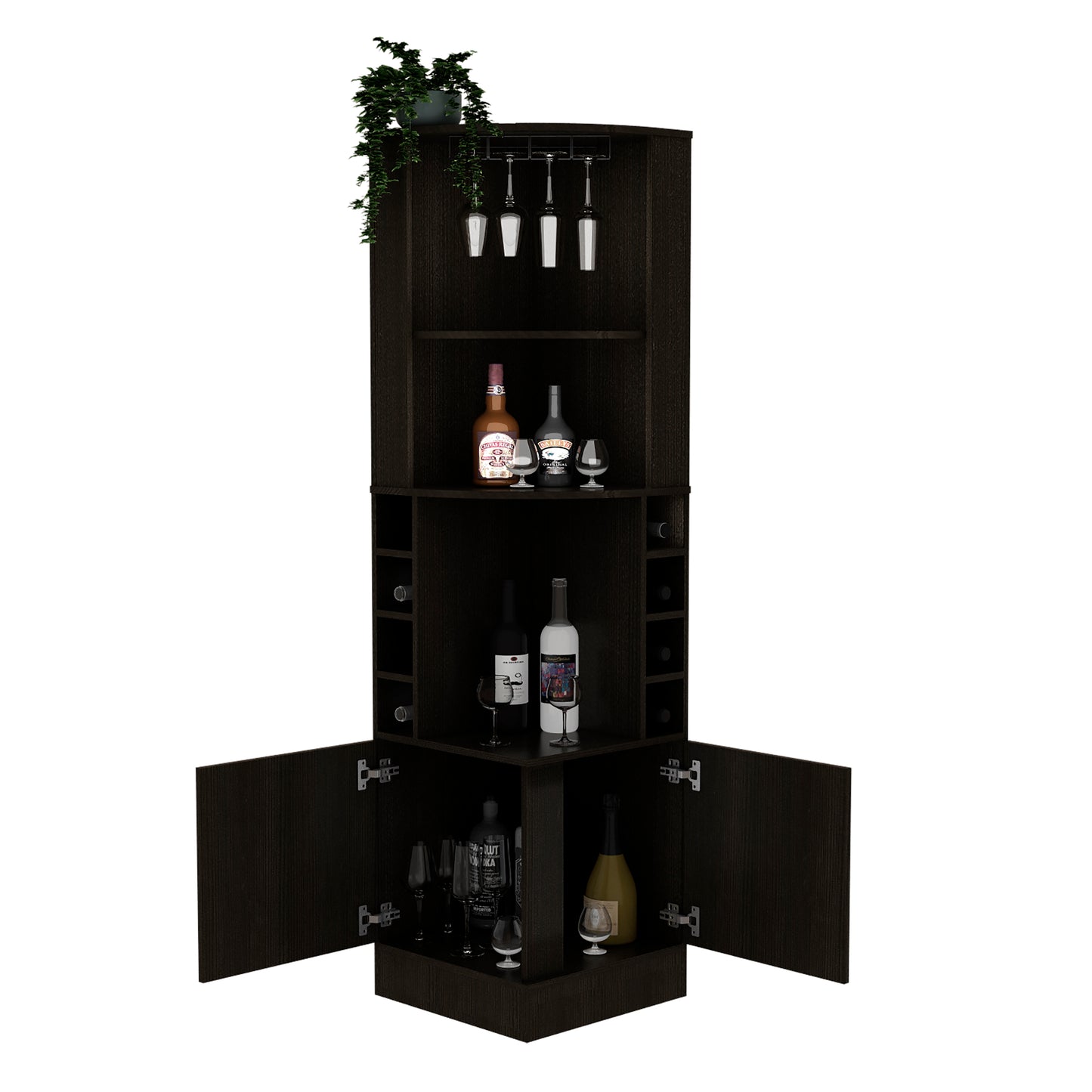 Dark wood corner bar cabinet with hanging glass rack