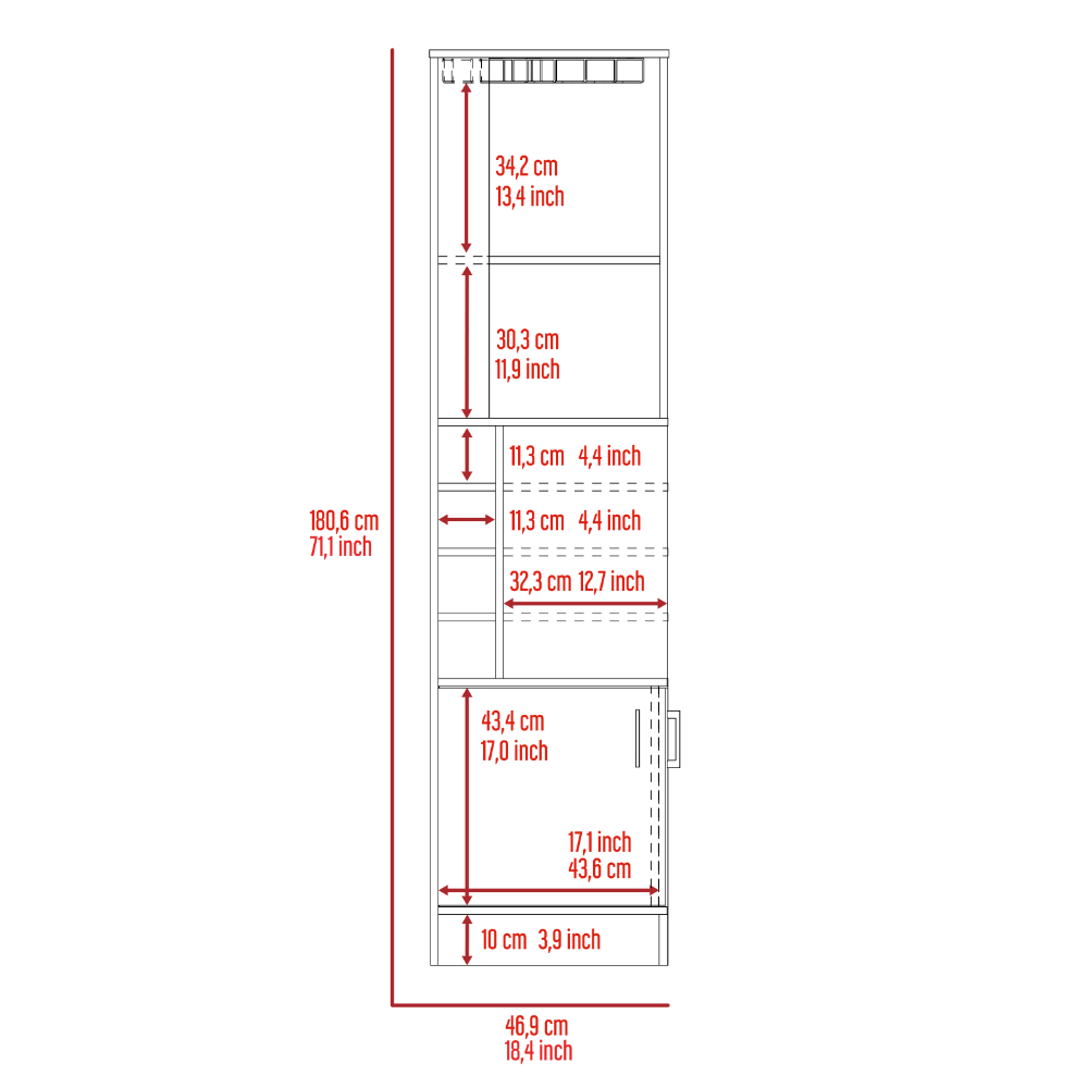 Tall white storage cabinet schematic with dimensions
