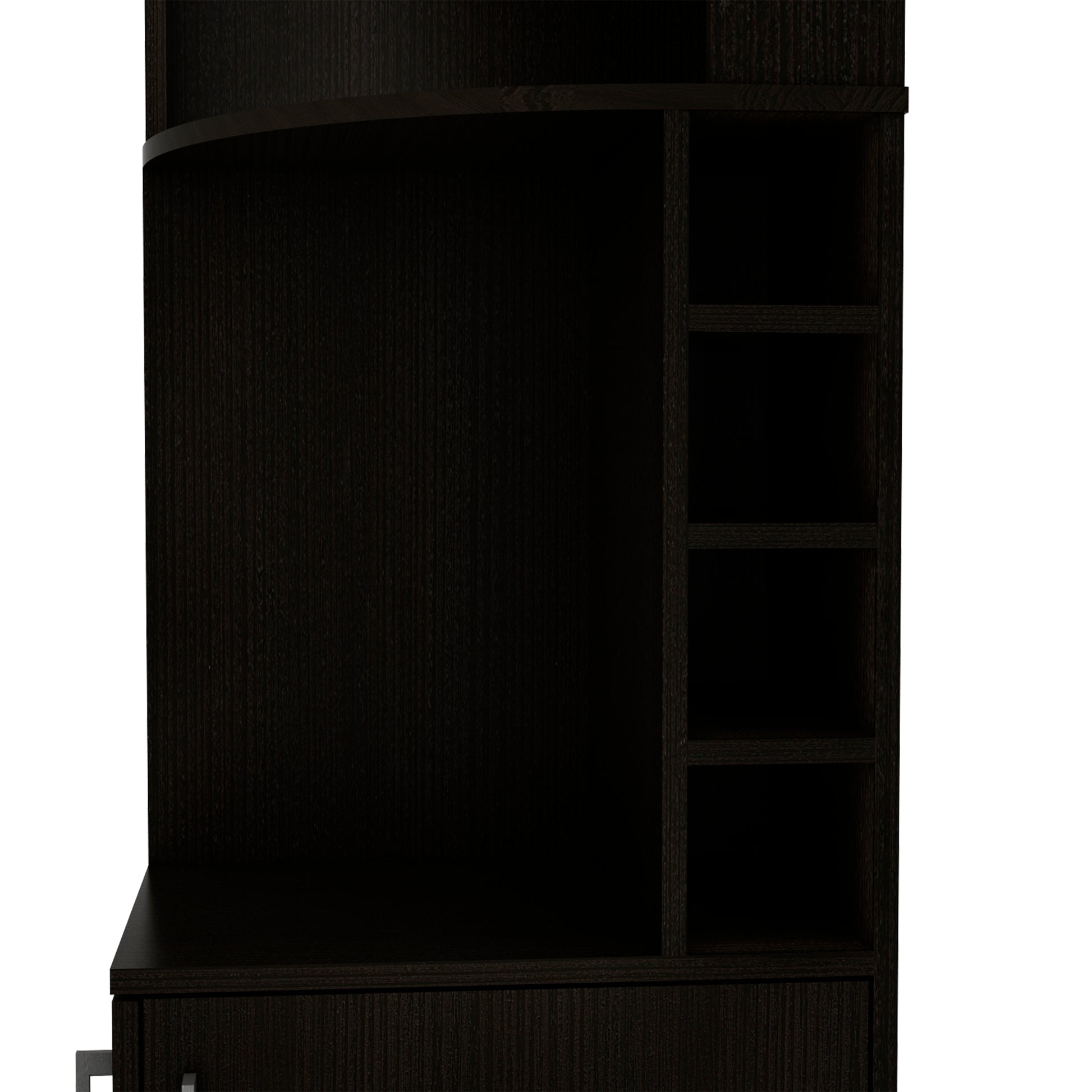 Dark brown wood veneer modern desk with open shelving unit